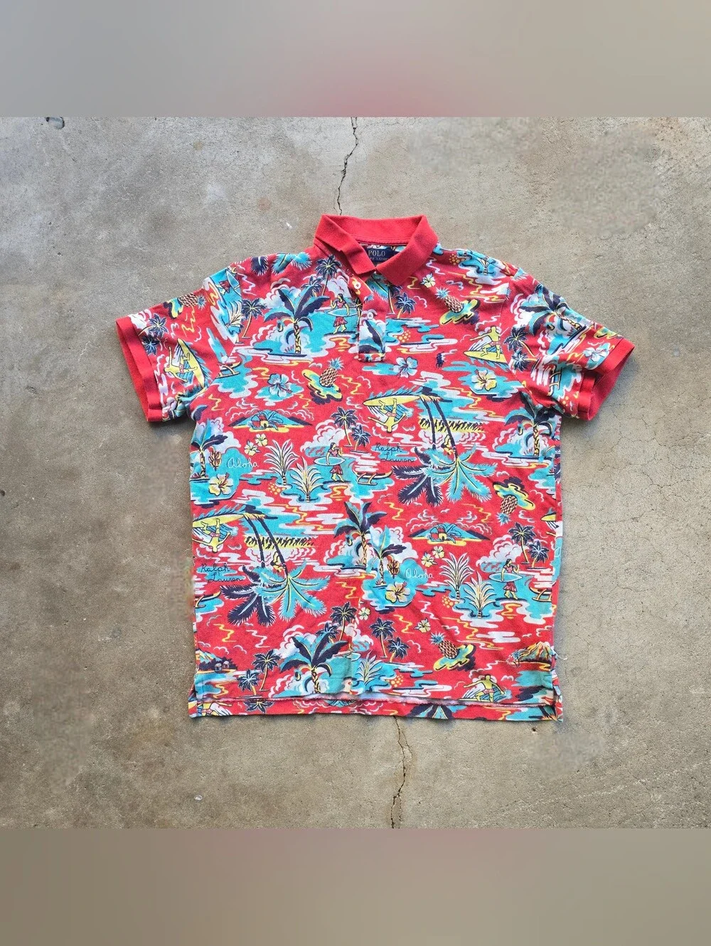 Polo Ralph Lauren Polo Shirt Men L Red Hawaiian Aloha Surfing Cotton Classic Fit